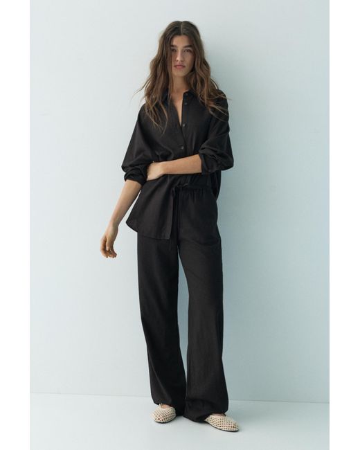 Pull&Bear Green Flowy Trousers With Linen