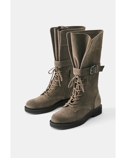 Pull&Bear Gray Lace-Up Leather Flat Boots