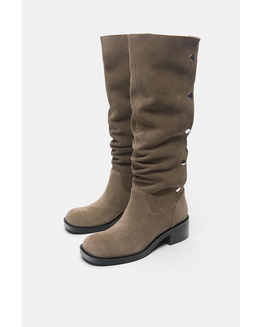 Pull&Bear Green Studded Tall Leather Boots