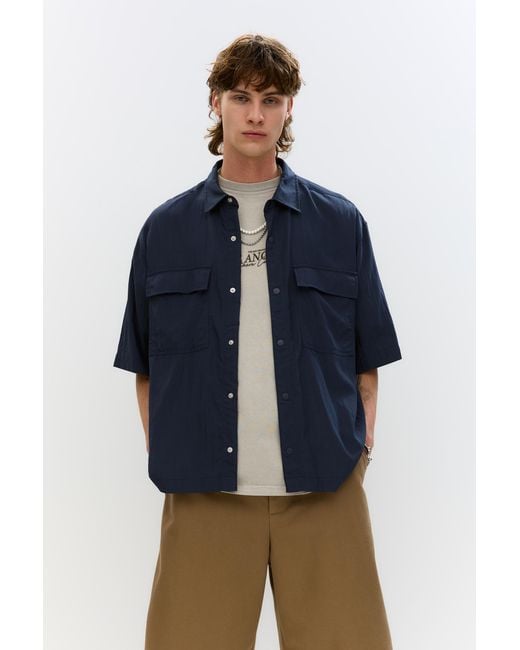 Pull&Bear Blue Flowing Short Sleeve Utility Shirt for men