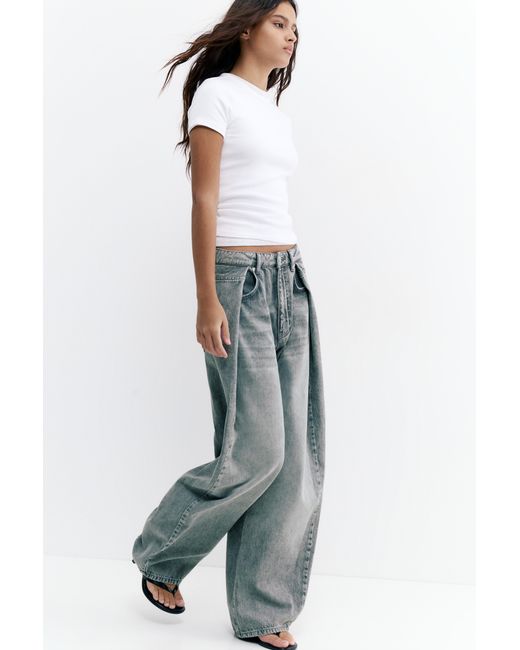Pull&Bear Gray Pleated Balloon Fit Baggy Jeans