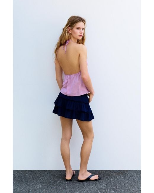 Pull&Bear Gestreepte Haltertop Van Linnenmix in het Blue