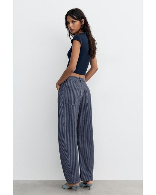 Pull&Bear Blue Striped Balloon Jeans With Seams