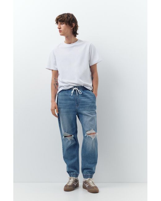 Pull&Bear Denim Joggingbroek Met Scheuren in het Blue voor heren