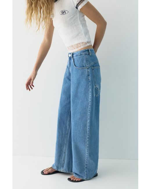 Pull&Bear Blue Balloon Fit Jeans With Embroidered Text