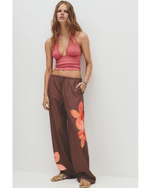 Pull&Bear Brown Loose-Fitting Floral Trousers