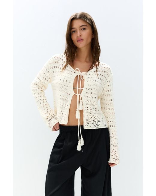 Pull&Bear Natural Crochet Cardigan With Ties