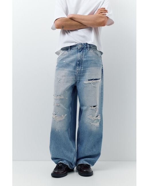 Pull&Bear Blue Super Baggy Ripped Jeans for men
