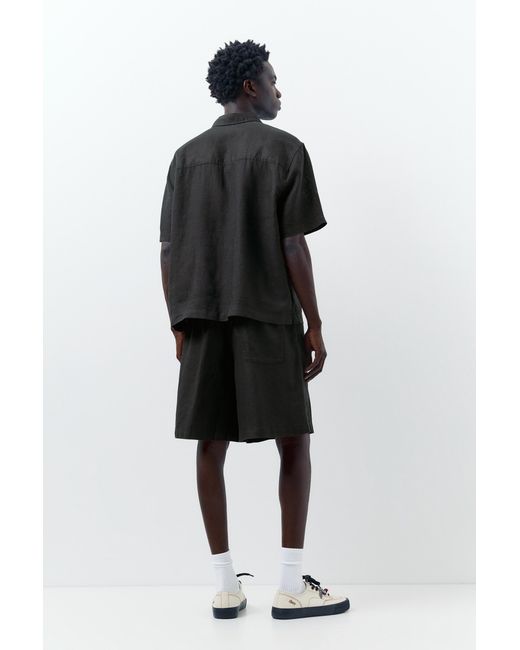Pull&Bear Black 100% Linen Bermuda Sweat Shorts for men