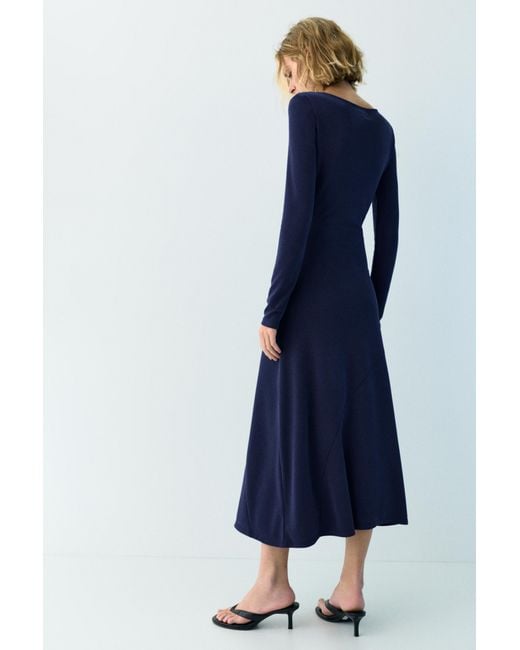Pull&Bear Blue Draped Flowing Cupro Midi Dress