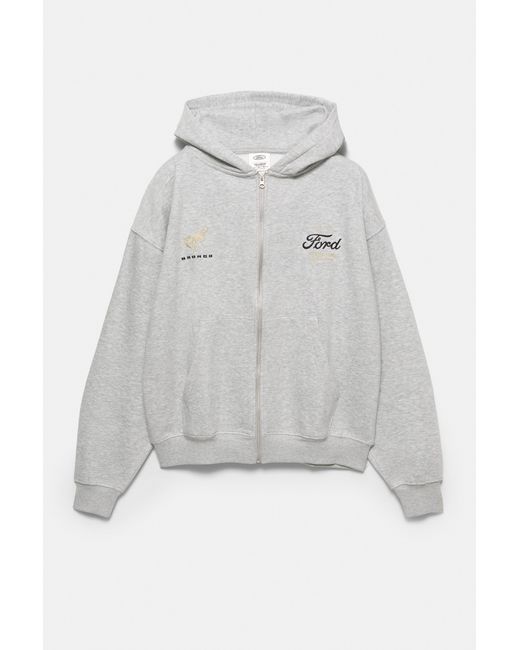 Pull&Bear Gray Ford Zip-Up Hoodie for men
