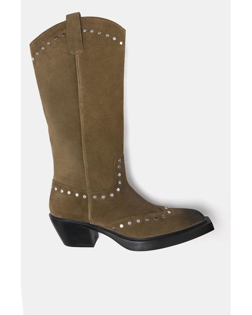 Pull&Bear Brown Studded Leather Cowboy Boots