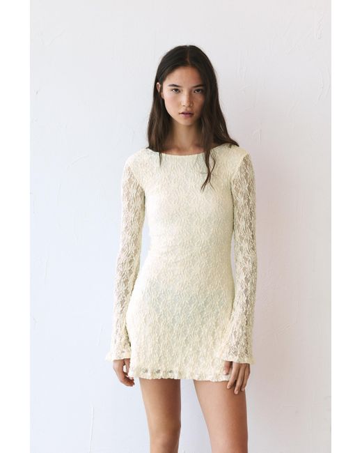 Pull&Bear Natural Kurzes Spitzenkleid Mit Langen Ärmeln