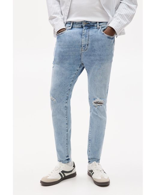 Pull&Bear Blue Ripped Carrot Fit Jeans for men