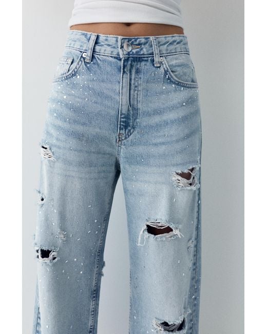 Pull&Bear Blue Ripped Baggy Jeans With Rhinestones