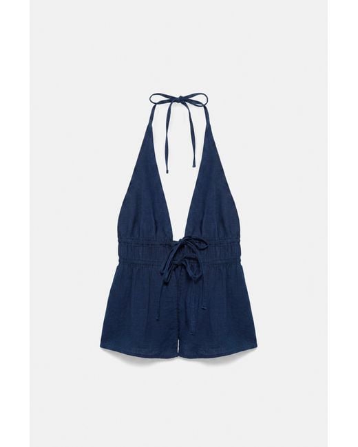 Pull&Bear Blue Elasticated Denim Halter Top