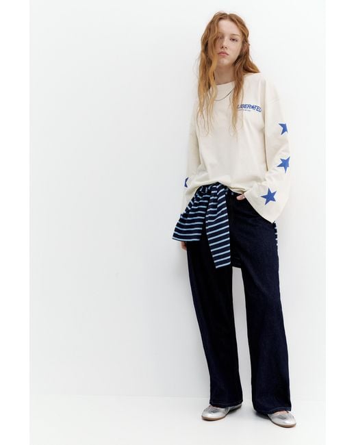 Pull&Bear White Long Sleeve T-Shirt With Star Graphic