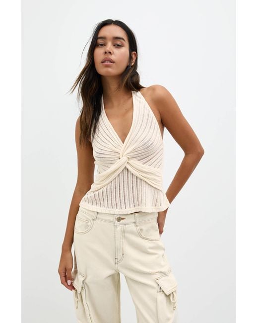 Pull&Bear Natural Crochet Halter Top With Knot