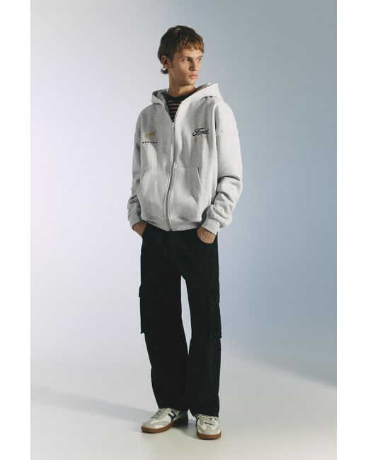 Pull&Bear Gray Ford Zip-Up Hoodie for men