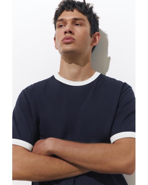 Pull&Bear Blue Contrast Trim T-Shirt for men