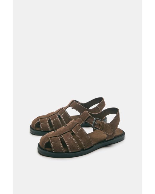 Pull&Bear Brown Leather Cage Sandals for men