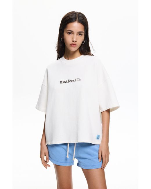 Pull&Bear White 'Run & Brunch' T-Shirt