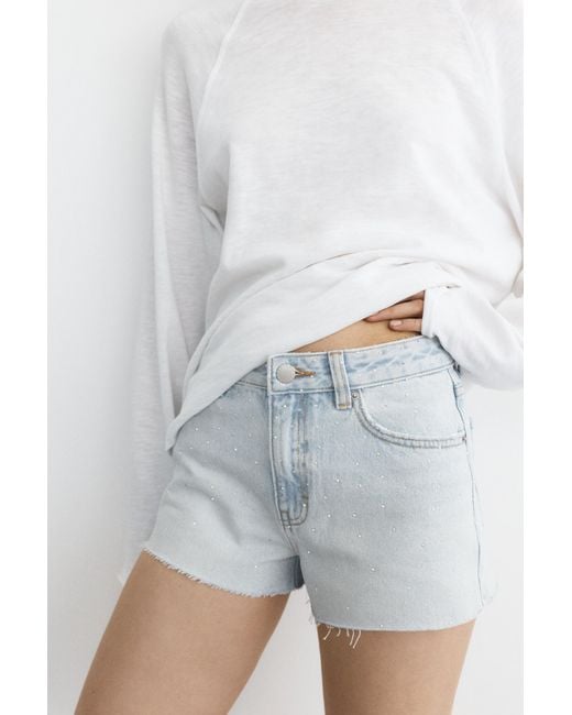 Pull&Bear White Mid-Waist Rhinestone Denim Shorts
