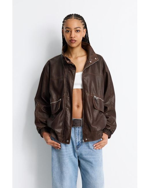 Pull&Bear Brown Faux Leather Jacket With Zips