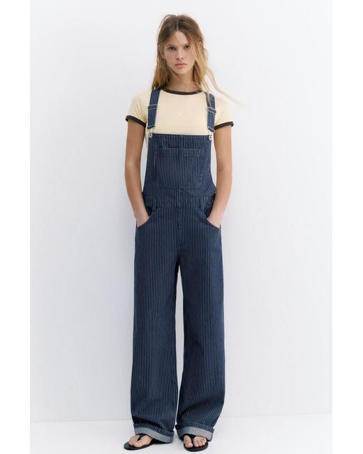 Pull&Bear Blue Long Striped Denim Dungarees