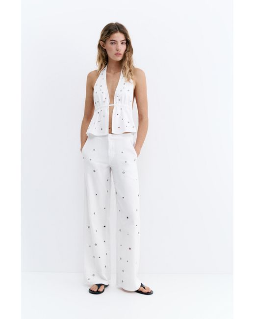 Pull&Bear Denim Haltertop Met Eyelets in het Natural