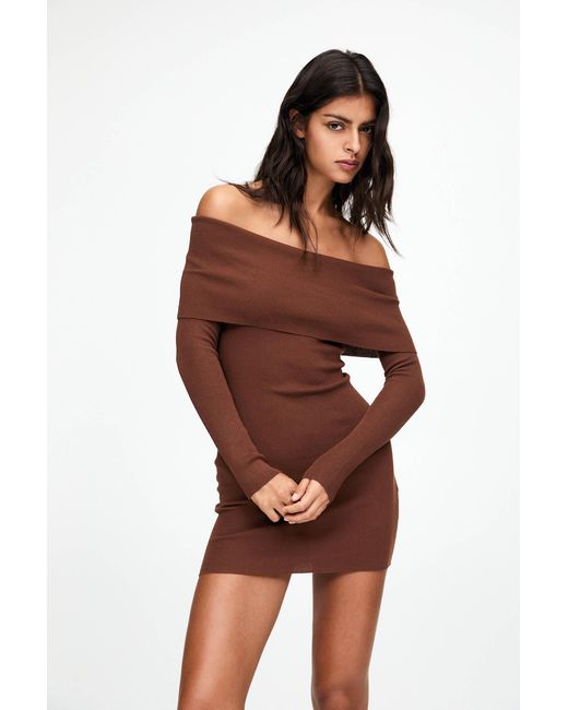 Pull&Bear Brown Short Knit Bardot Dress