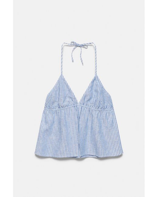 Pull&Bear Blue Striped Linen Blend Halter Top