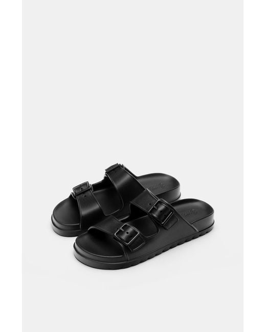 Pull&Bear Black Buckle Flat Sandals for men
