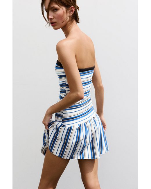 Pull&Bear Korte Gestreepte Balloon Jurk in het Blue