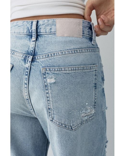 Pull&Bear Blue Ripped Baggy Jeans With Rhinestones