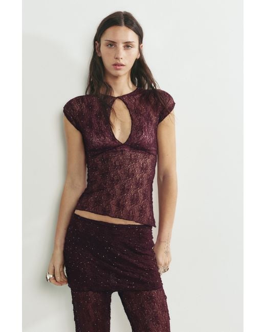 Pull&Bear Brown Lace Rhinestone Top