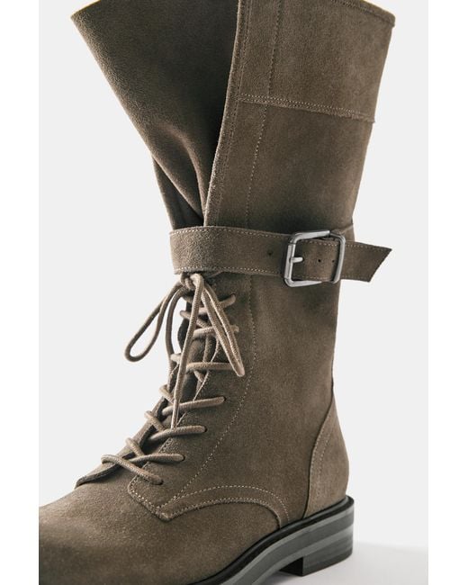 Pull&Bear Gray Lace-Up Leather Flat Boots