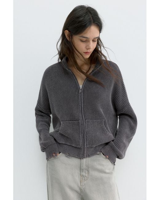 Pull&Bear Gray Zip-Up Ripped Cardigan