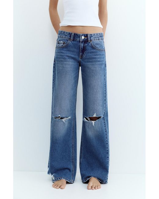 Pull&Bear Blue Ripped Low-Rise Straight Leg Jeans