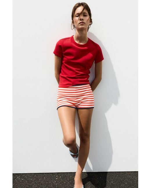 Pull&Bear Orange Striped Ribbed Mini Shorts