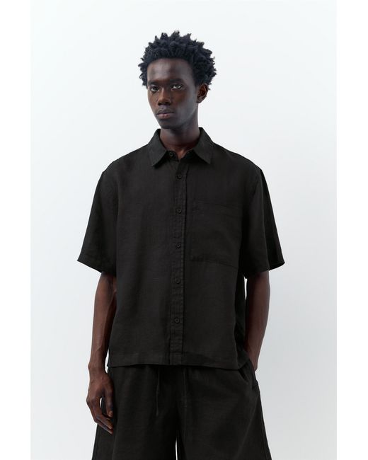 Pull&Bear Black 100% Linen Short Sleeve Shirt for men