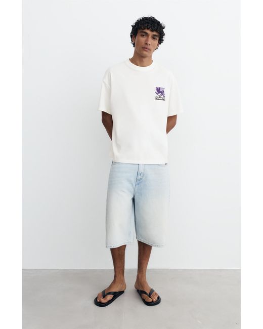 Pull&Bear White Boxy T-Shirt With Embroidered Graphic for men