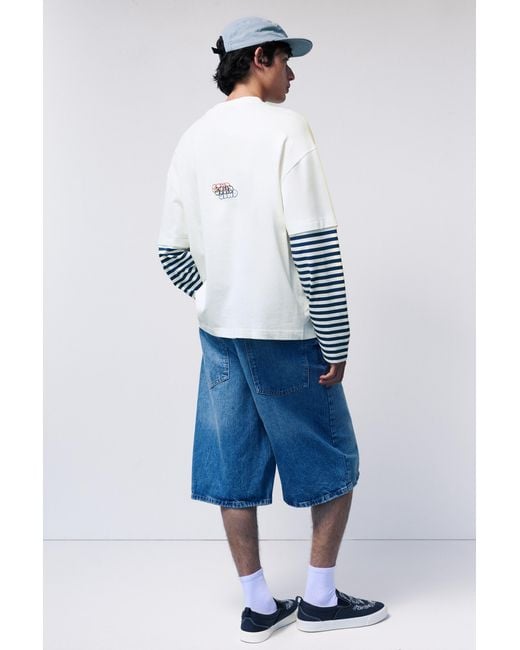 Pull&Bear Blue Stwd Double Sleeve Striped T-Shirt for men