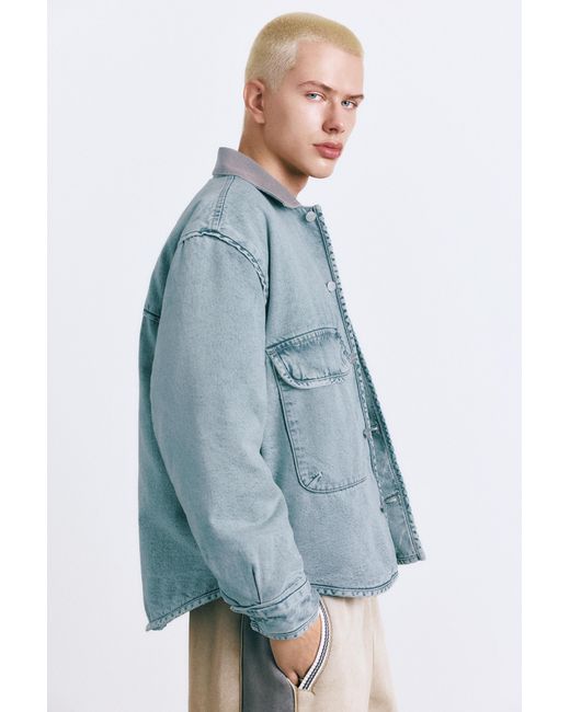 Pull&Bear Blue Denim Jacket With Contrast Collar for men