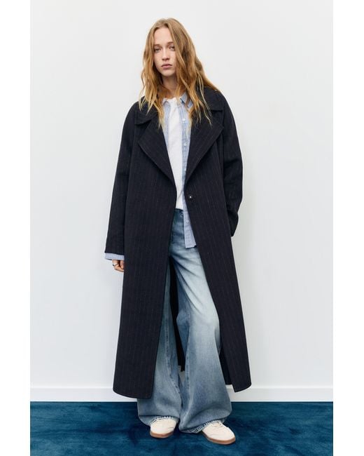 Pull&Bear Blue Pinstripe Coat With Belt