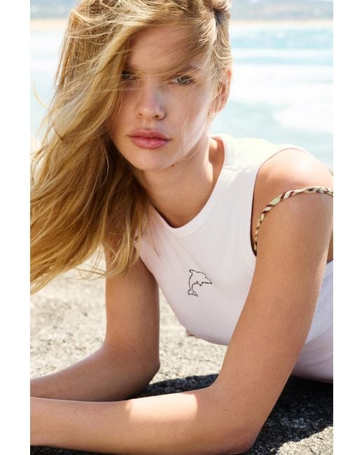 Pull&Bear White Rhinestone Dolphin Tank Top