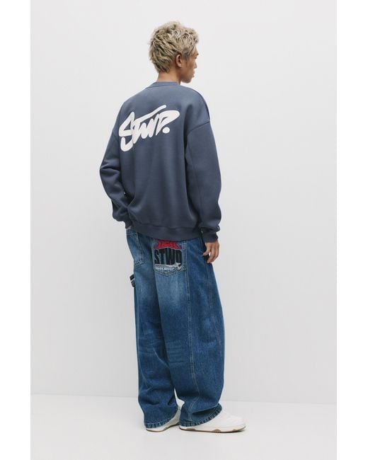 Pull&Bear Blue Stwd Round Neck Sweatshirt for men