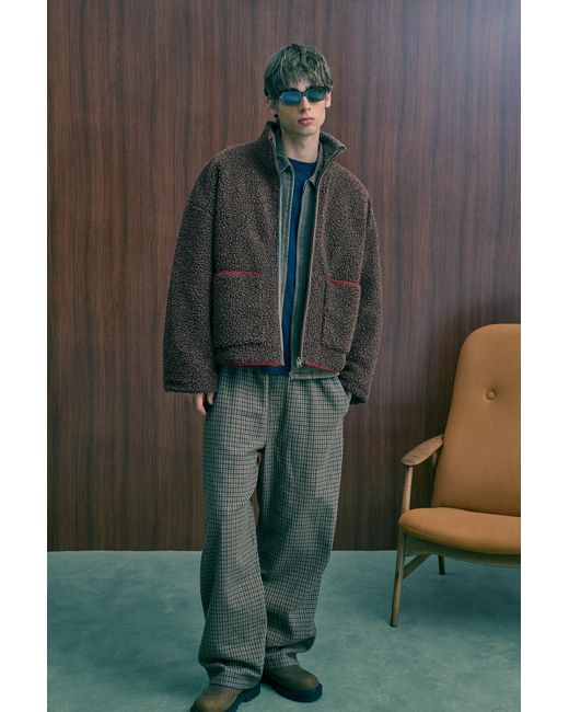 Pull&Bear Green Faux Shearling Jacket With Embroidery for men