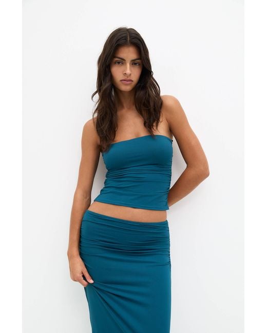 Pull&Bear Blue Gathered Polyamide Bandeau Top