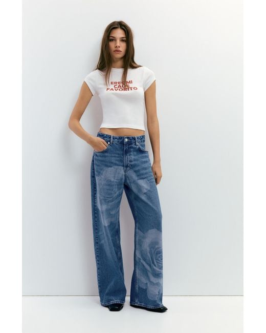 Pull&Bear Blue Baggy Jeans With Laser Flower Print